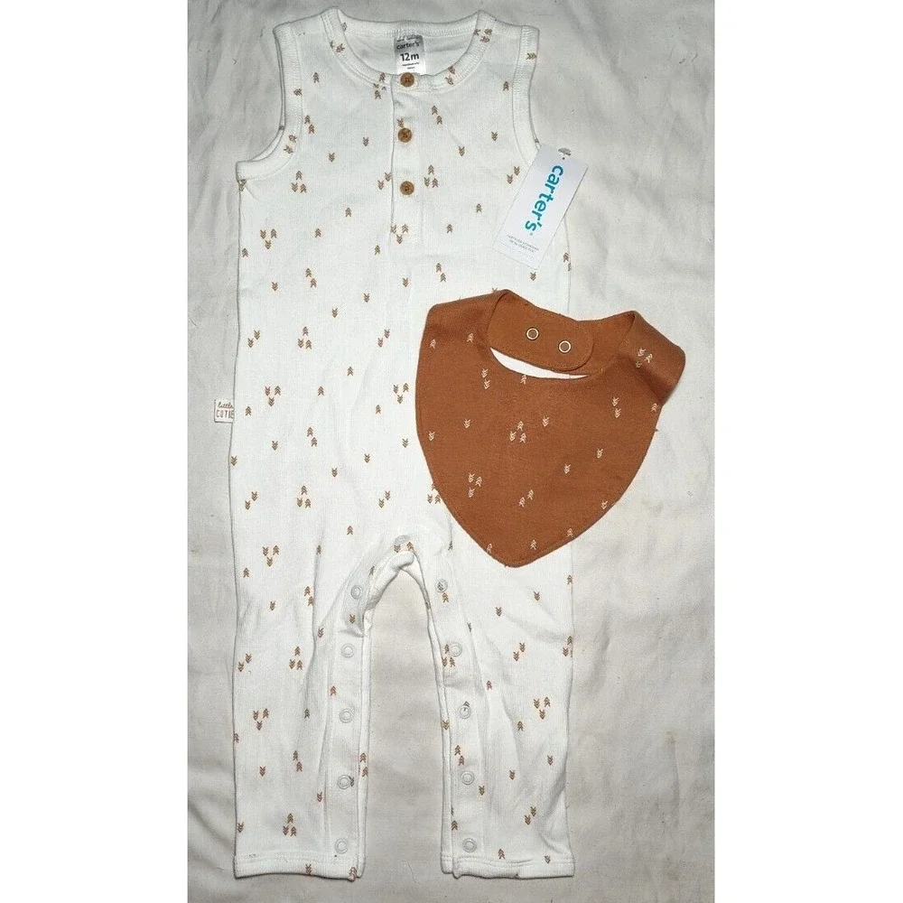 Carter's Baby 12 Mos White Longall Outfit & Brown Bandana Bib Arrows Set 2pc NWT